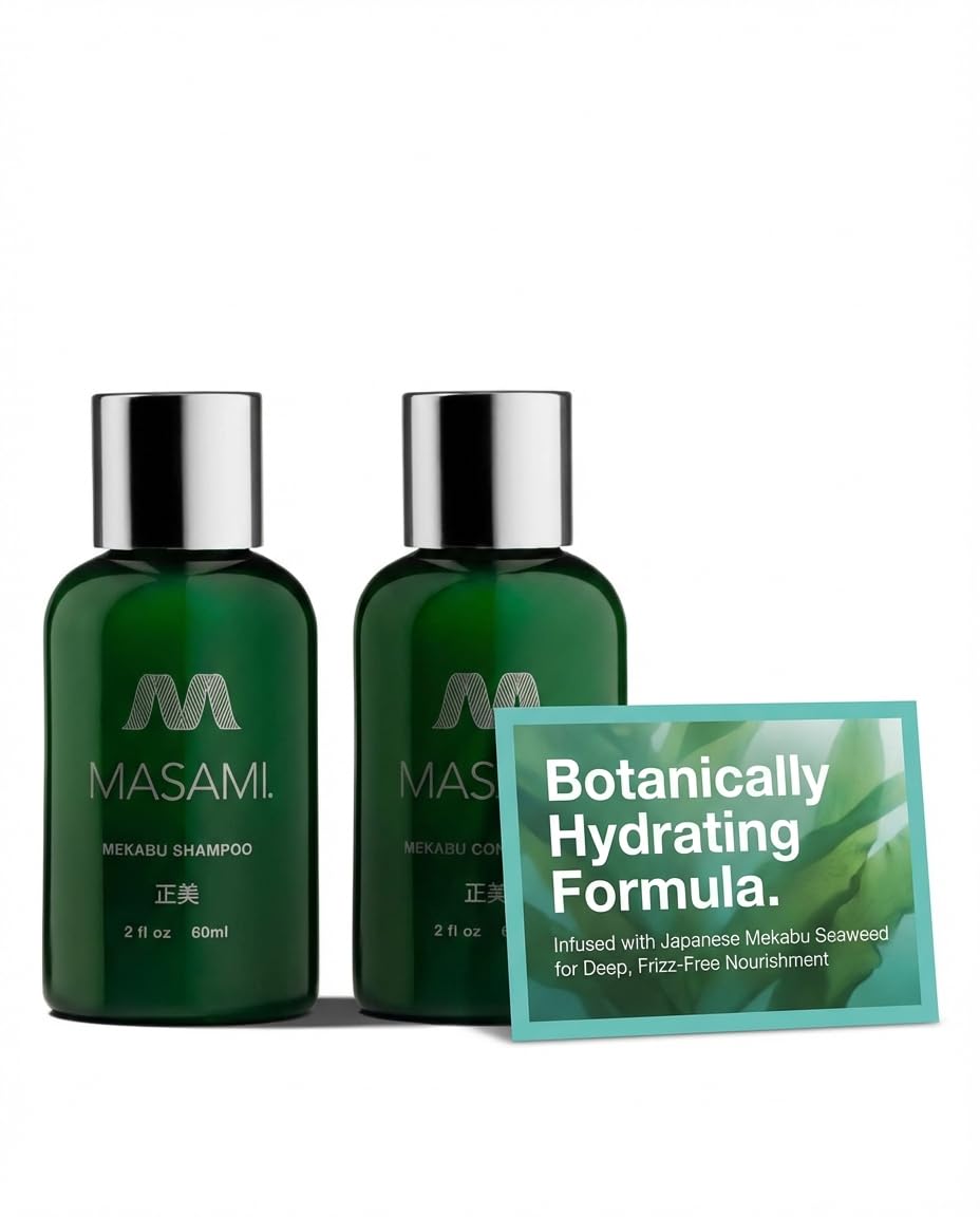 MASAMI Mekabu Hydrating Shampoo and Conditioner Travel Set in Mesh Zipper Pouch, 2 fl oz Each, Vegan Plant-Based Formula for All Hair Types