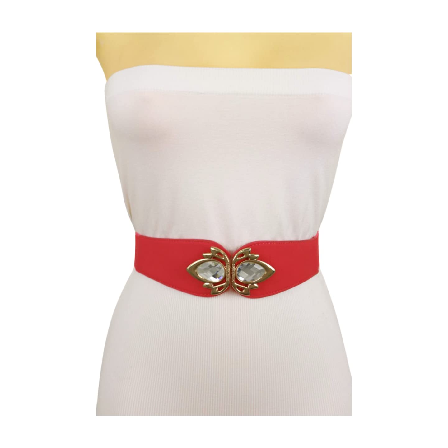 Women Fashion Belt Hip High Waist Elastic Stretch Waistband Metal Bling Buckle S M Coral Color