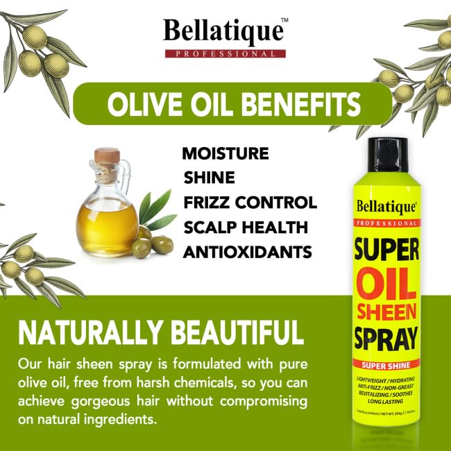 BELLATIQUE Super Oil Sheen Spray (14.88 oz) - Super Shine. Lightweight, Hydrating, Anti-Frizz, Non-Greasy, Revitalizing, Soothes, Long Lasting, Deep