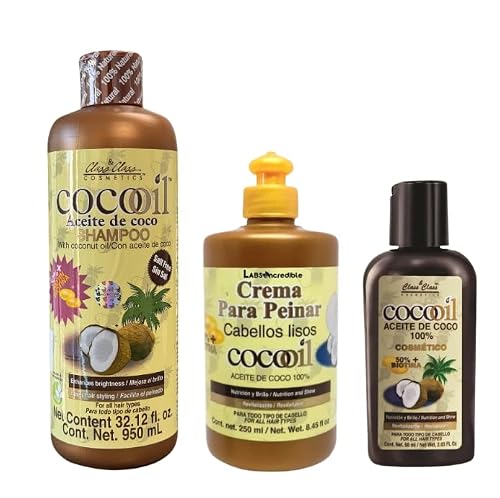 Coconut Oil Hair Care Bundle - Shampoo 32.12 fl oz, Hair styling Cream 8.45 fl oz, and Pure Coconut Oil with Biotin 2.8 fl oz - Revitalize, Nourish