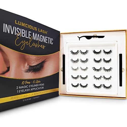 Invisible Magnetic Eyelashes and Eyeliner Kit- 10 Pairs Natural Look False Lashes With 2 Magic Magnetic Eyeliner Pens and Applicator- 3D Reusable