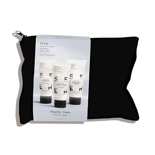 SEEN Travel Trio, Fragrance Free - Non-Comedogenic Blow-Out Hair Cream, Shampoo & Conditioner Set - Dermatologist-Developed- Reduces Frizz- Heat