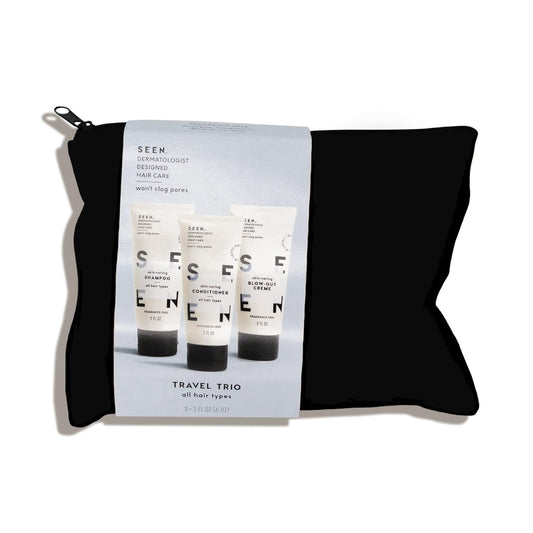 SEEN Travel Trio, Fragrance Free - Non-Comedogenic Blow-Out Hair Cream, Shampoo & Conditioner Set - Dermatologist-Developed- Reduces Frizz- Heat