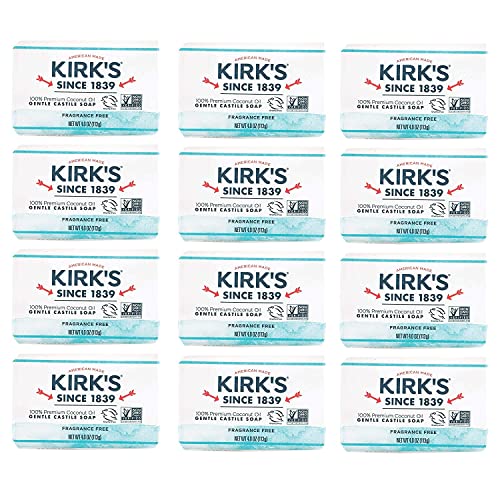 Castile Bar Soap by Kirk’s | Clean Soap for Men, Women & Children | Premium Coconut Oil | Sensitive Skin Formula, Vegan | Fragrance-Free/Unscented |