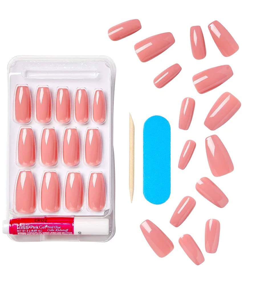 Kiss Gel Fantasy Collection Fake Nails Manicure Set, Pink, Long Length, Coffin Shaped, Style 'Urbane', with Mini Nail File, Pink Gel Nail Glue & 28 Beauty & Personal Care KISS