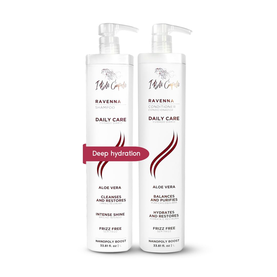 I Belli Capelli Ravenna Aloe Vera Shampoo & Conditioner Set - Paraben-Free, Deep Moisture, Breakage Reduction for Dry, Damaged & All Hair Types, 2×1L