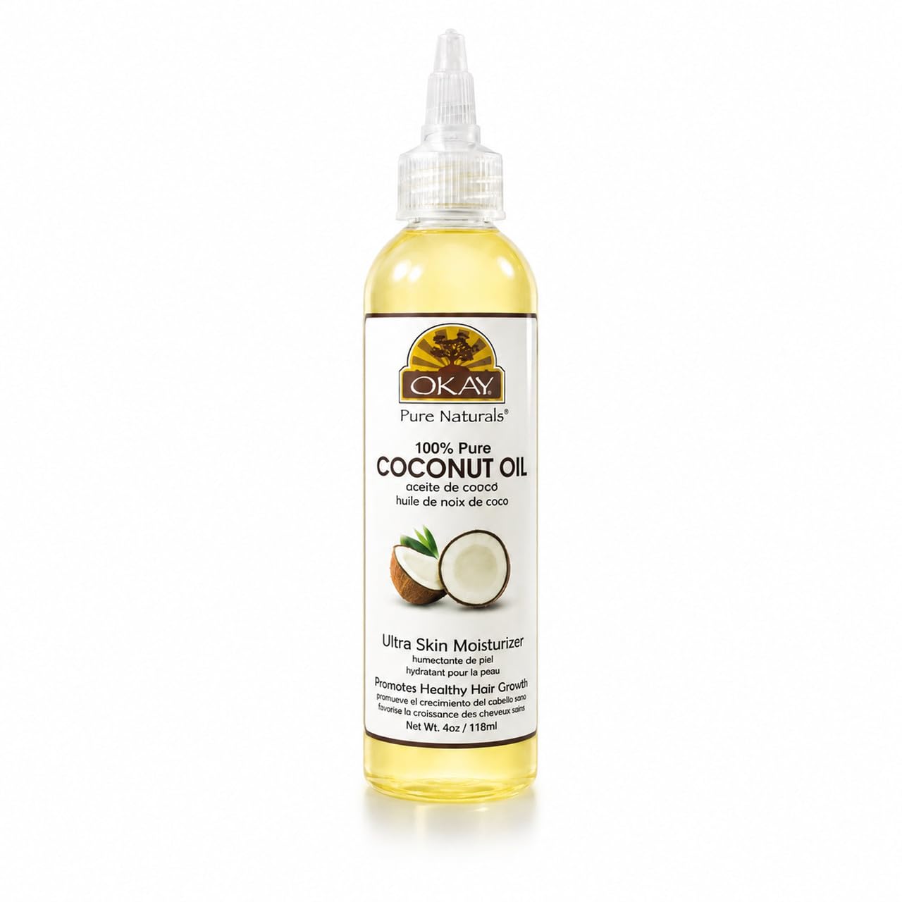 OKAY 100% Pure Coconut Oil for Hair & Skin - Coconut Oil for Women & Men, Perfect for Hair & Body, for Massage & Moisturizer, Natural - 4 fl oz