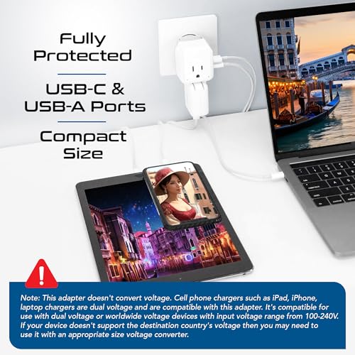 Ceptics Chile, Italy Travel Plug Adapter Set – US to Type C/L with 2 Outlets, USB & USB-C 20W PD, QC 18W, SWadAPt Attachments, PAK-IT
