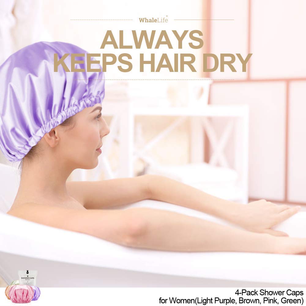 Shower Cap for Women Reusable Extra Large Shower Caps for Men Satin Double Layer EVA Waterproof Long Hair Caps(Light Purple, Brown, Pink, Green 4