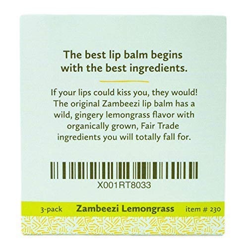 ZAMBEEZI Organic, Fair Trade Beeswax Lip Balm - Lemongrass 3 Pack - Ethically Sourced