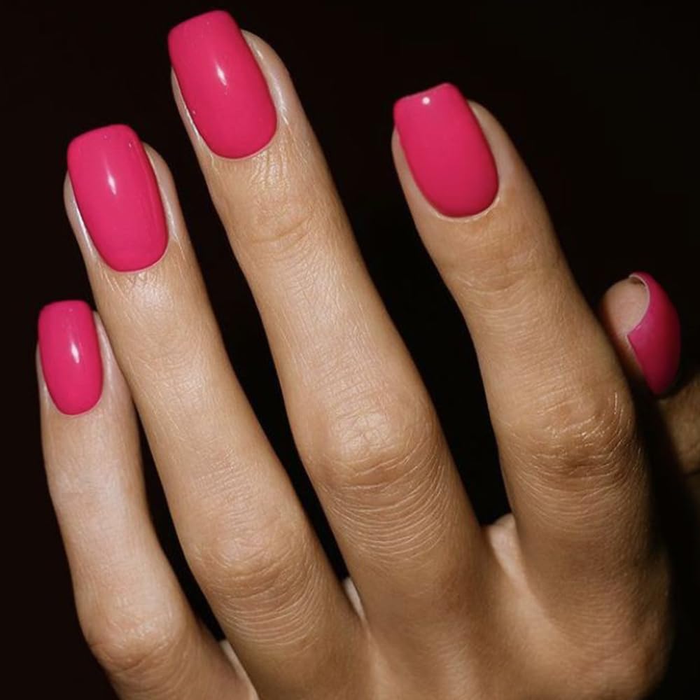 Gel Nail Polish Press on Nails Short, Handmade Hot Pink Fake Nails Medium Square Shape UV Jelly Finish Glue on Nails for Women Acrylic False Nail Kits