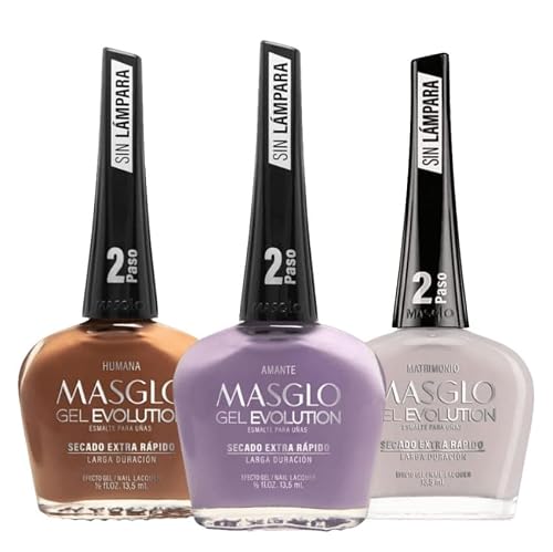 MASGLO GEL EVOLUTION Nail Polish Gel Effect, No UV/Led Lamp Required, Duration up to 12 day, 3 PCs Colors - Effecto Gel sin lampara UV/Led, duracion Beauty & Personal Care MASGLO