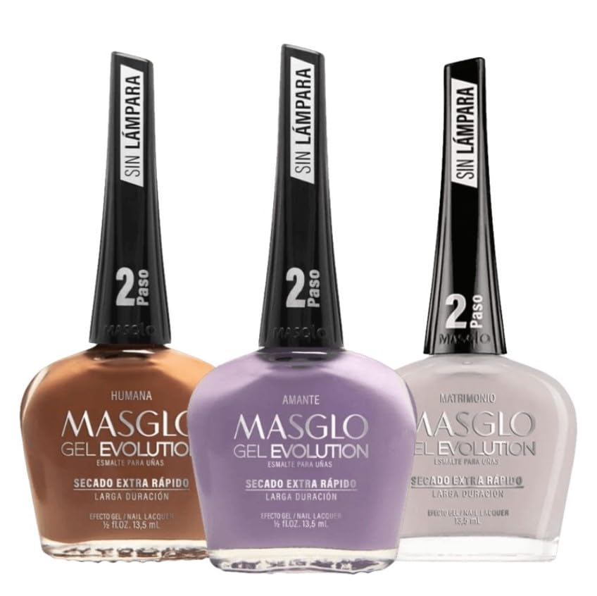 MASGLO GEL EVOLUTION Nail Polish Gel Effect, No UV/Led Lamp Required, Duration up to 12 day, 3 PCs Colors - Effecto Gel sin lampara UV/Led, duracion Beauty & Personal Care MASGLO