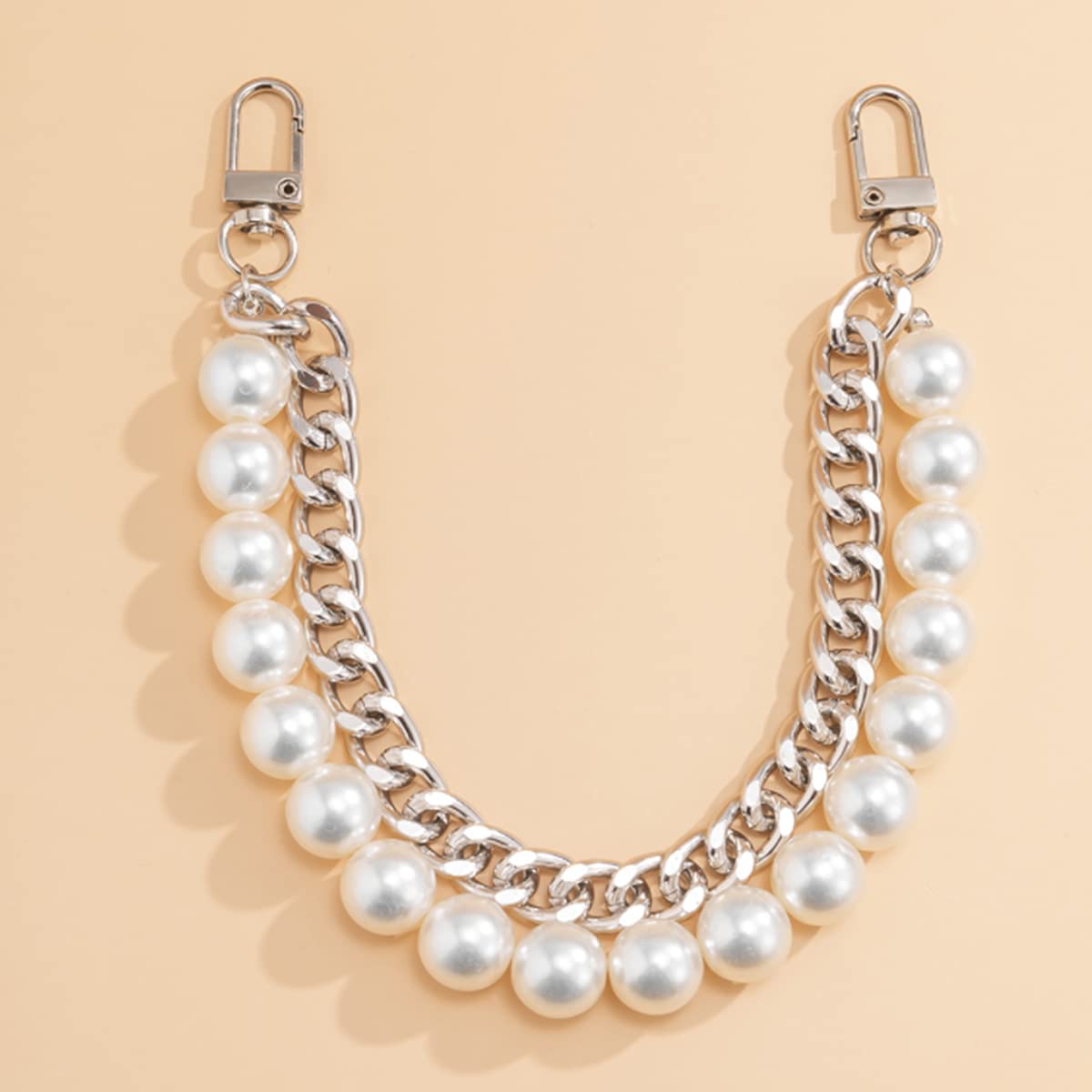 Xerling Short Pearl Bead Purse Handle Chain Heavy Chunky Cuban Handbag Chain Purse Replacement Strap Layered Bag Decoration Accessories Women (Silver)