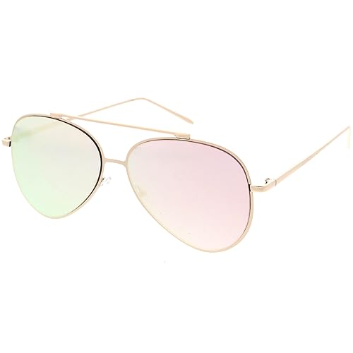 zeroUV Mirrored Oversized Aviator Sunglasses for Women and Men, Metal Frame with UV400 with Large Flat Mirror Lens 58mm (Gold/Pink Mirror)