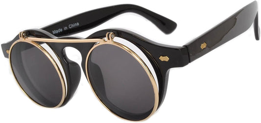 Flip Up Steampunk Vintage Retro Round Circle Gothic Hippie Colored Plastic Frame Sunglasses Smoke Lens OWL