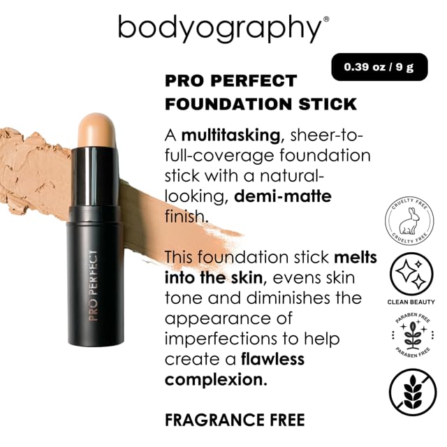 Bodyography Pro Perfect Foundation Stick - Demi-Matte Finish with A Natural Look - Enhancer for Concealing, Highlighting, and Contouring - Vitamin C