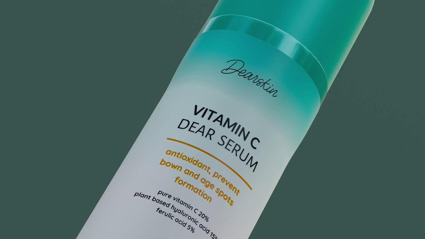 Dearskin Vitamin C Serum 20% - PURE L-ASCORBIC ACID, Ferulic Acid, Hyaluronic Acid Botanic, Vitamin E Organic Cruelty Free for Face and Neck Best