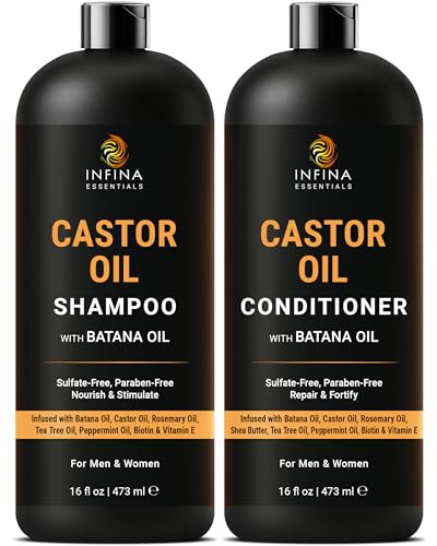 INFINA ESSENTIALS Castor Oil Shampoo and Conditioner Set | 16 fl oz Each | with Batana Oil | Strengthening, Thickening & Hydrating Formula | Supports