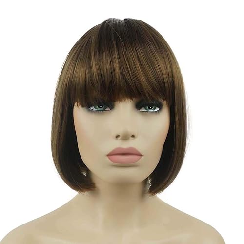 Lydell 8" Straight Short Bob Hair Flat Bangs Cute Central Dot Skin Top Heat Resistant Synthetic Wigs (Light Reddish Golden Brown)