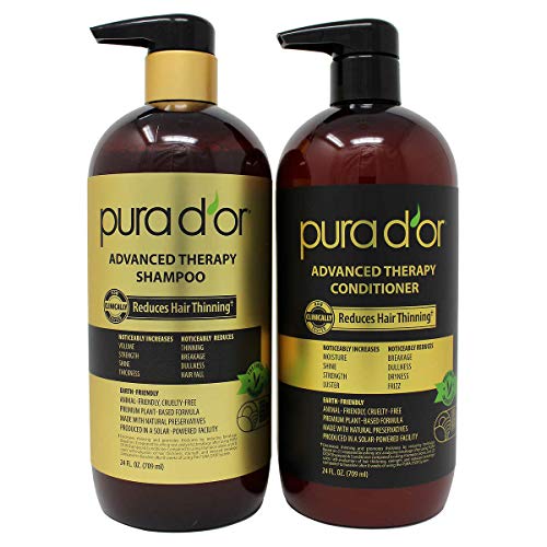 PURA D'OR Advanced Therapy System Clinically Proven to Reduce Hair Thinning - Paraben Free, Argan Oil Scent - Shampoo and Conditioner Set for Fine