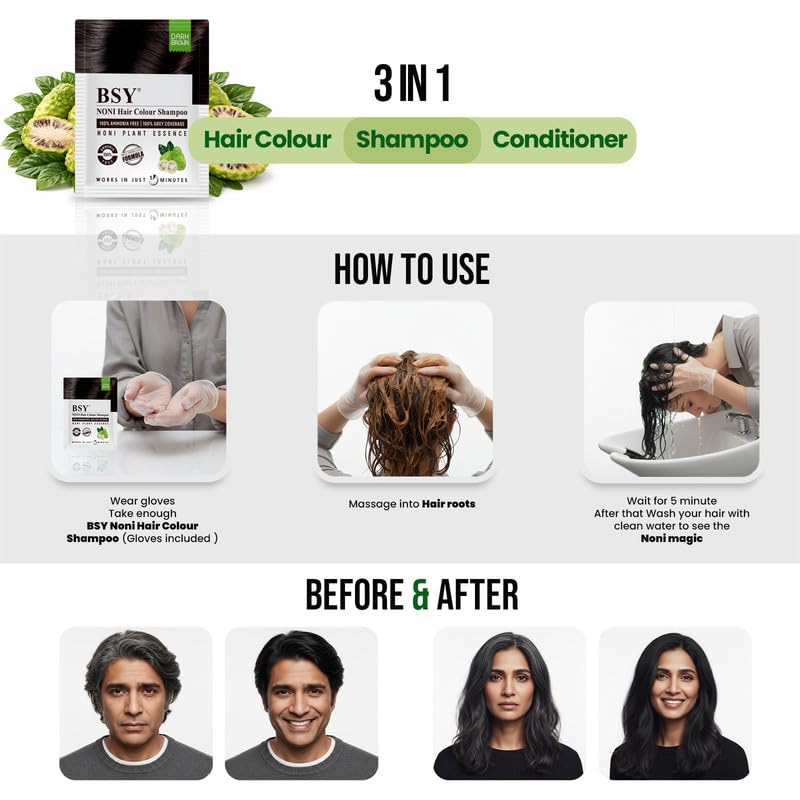 BSY Noni Dark Brown Hair Color Shampoo, Hair Dye, Hair Color Shampoo, 20mlx10 Sachets (Dark Brown, 20mlx10)