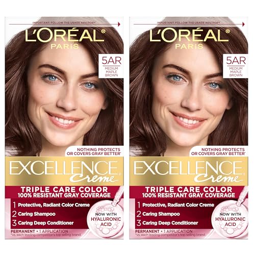 L'Oreal Paris Excellence Crème Permanent Hair Dye, Triple Care Hair Color with Hyaluronic Acid for 100% Gray Coverage, 5AR Medium Maple Brown, 1 Kit
