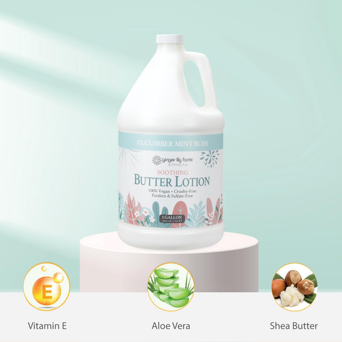 Ginger Lily Farms Botanicals Soothing Butter Lotion for Dry Skin, 100% Vegan & Cruelty-Free, Cucumber Mint Bliss Scent, 1 Gallon (128 fl oz) Refill