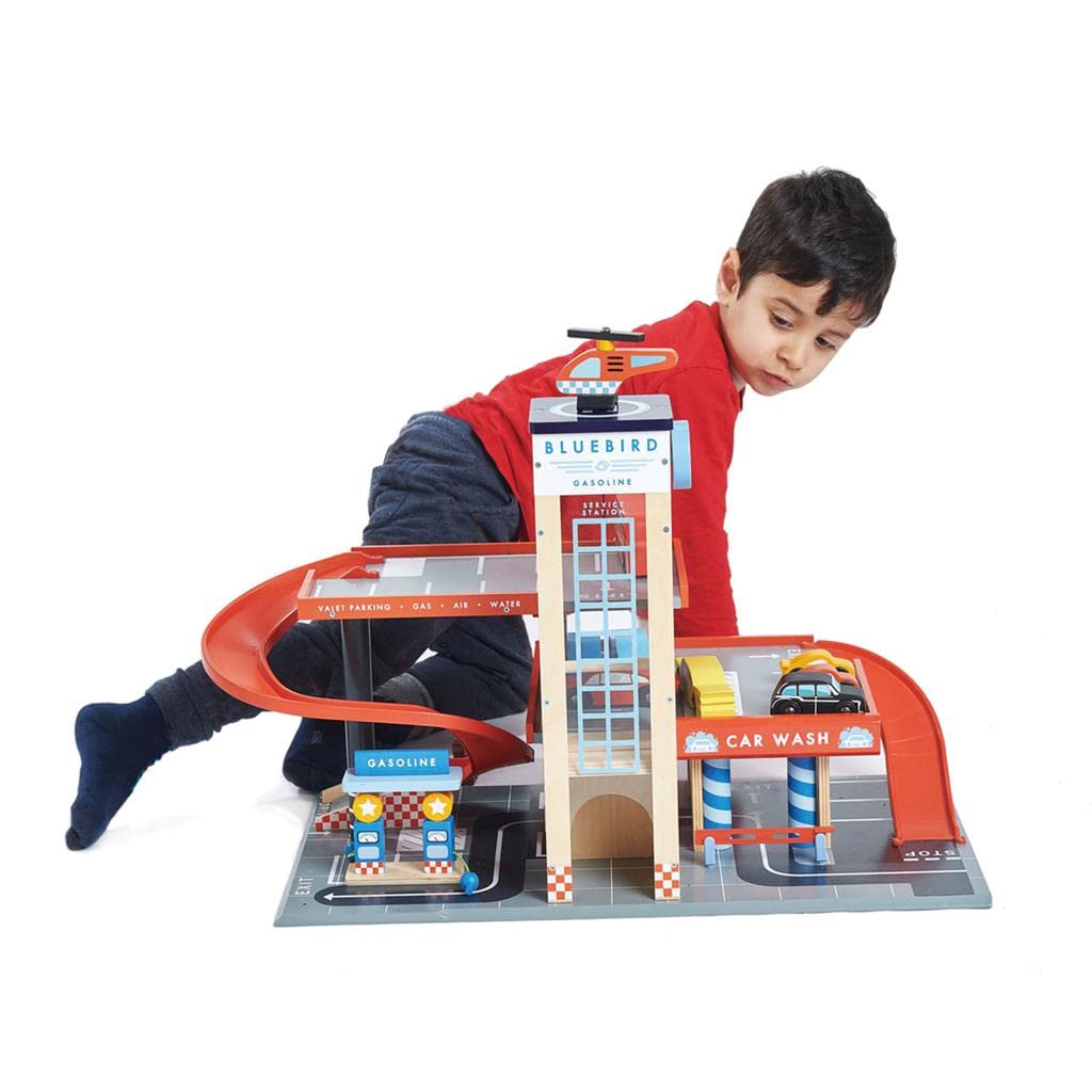 Tender Leaf Toys Blue Bird Service Station – Wooden Garage Playset with Ramps, Petrol Pumps, Car Wash & Helicopter Pad, Roleplay Toy for Kids 3+