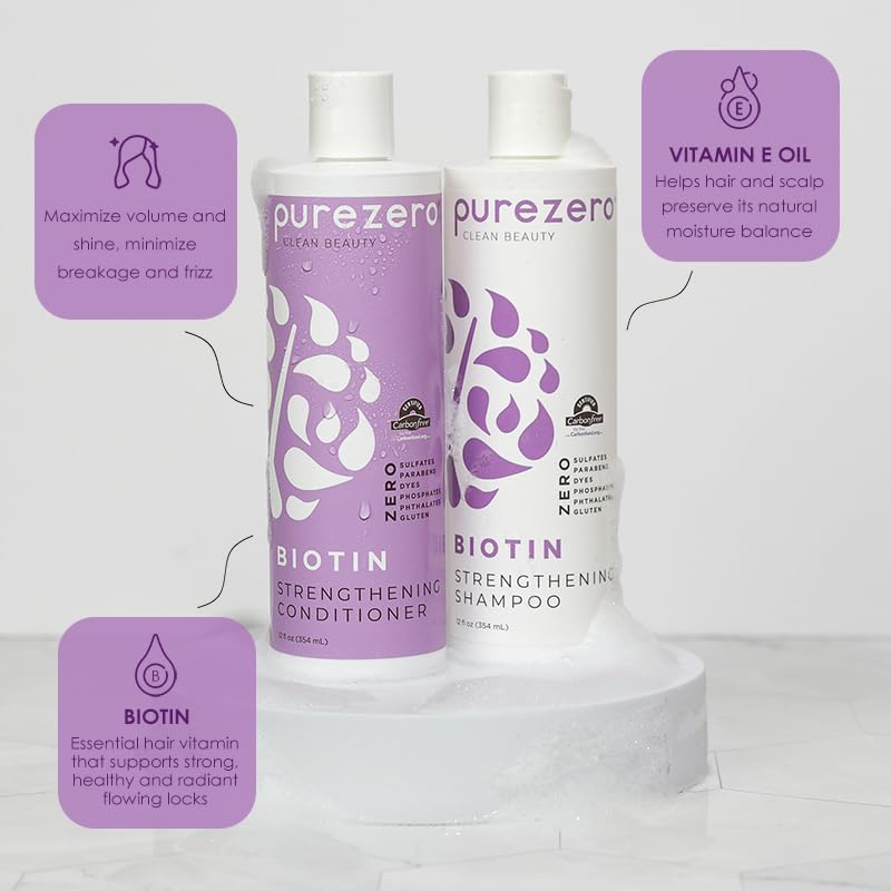 Purezero Biotin Shampoo & Conditioner Set - Anti Thinning Formula - Volumizing, Thicker, Fuller Hair - Zero Sulfates, Parabens, Dyes, Gluten - 100%