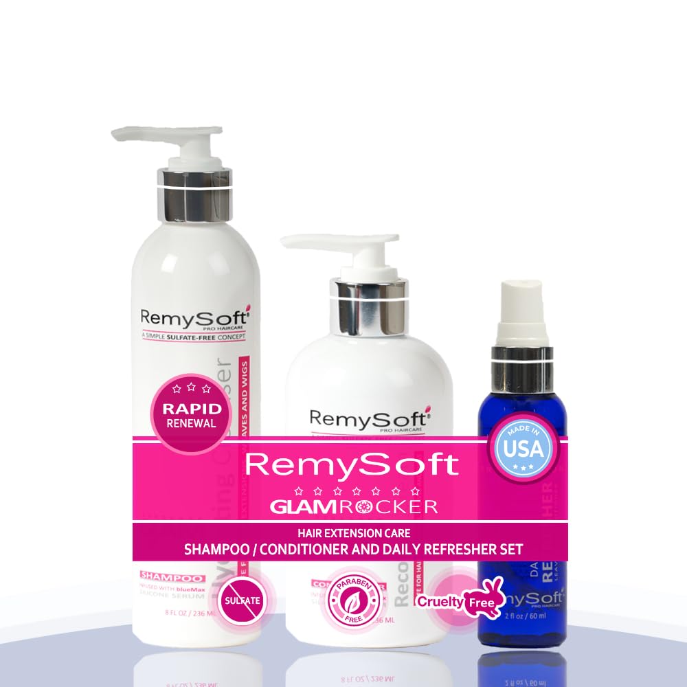 RemySoft Glam Rocker Rapid Renewal System - Safe for Hair Extensions, Weaves and Wigs - Salon Formula Shampoo, Conditioner & Leave-In Conditioner