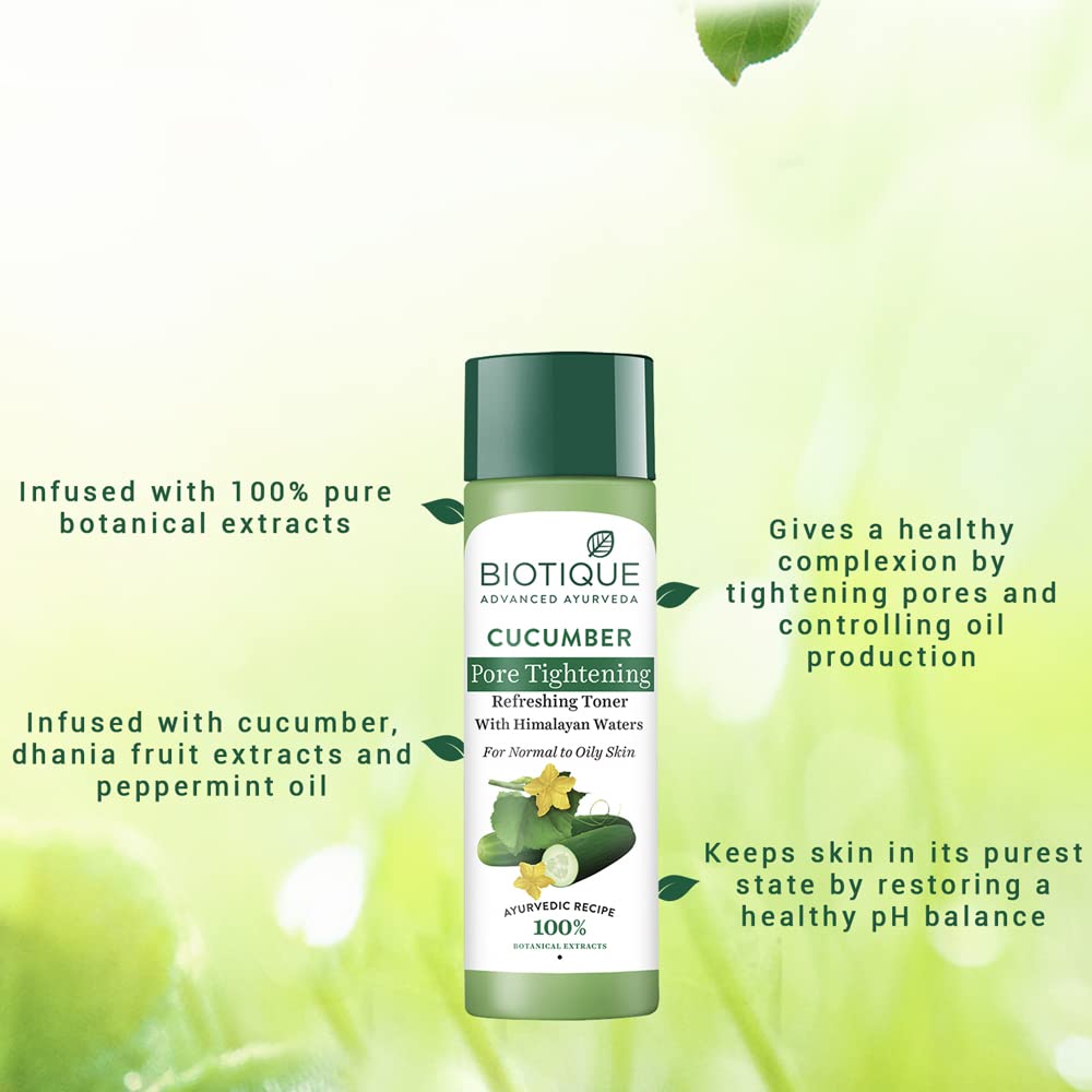 Biotique Bio Cucumber Pore Tightening Toner with Himalayan Waters for Normal to Oily Skin -120 ML/ 4.06Fl.Oz. I Help from Harmful Effects of Sun I