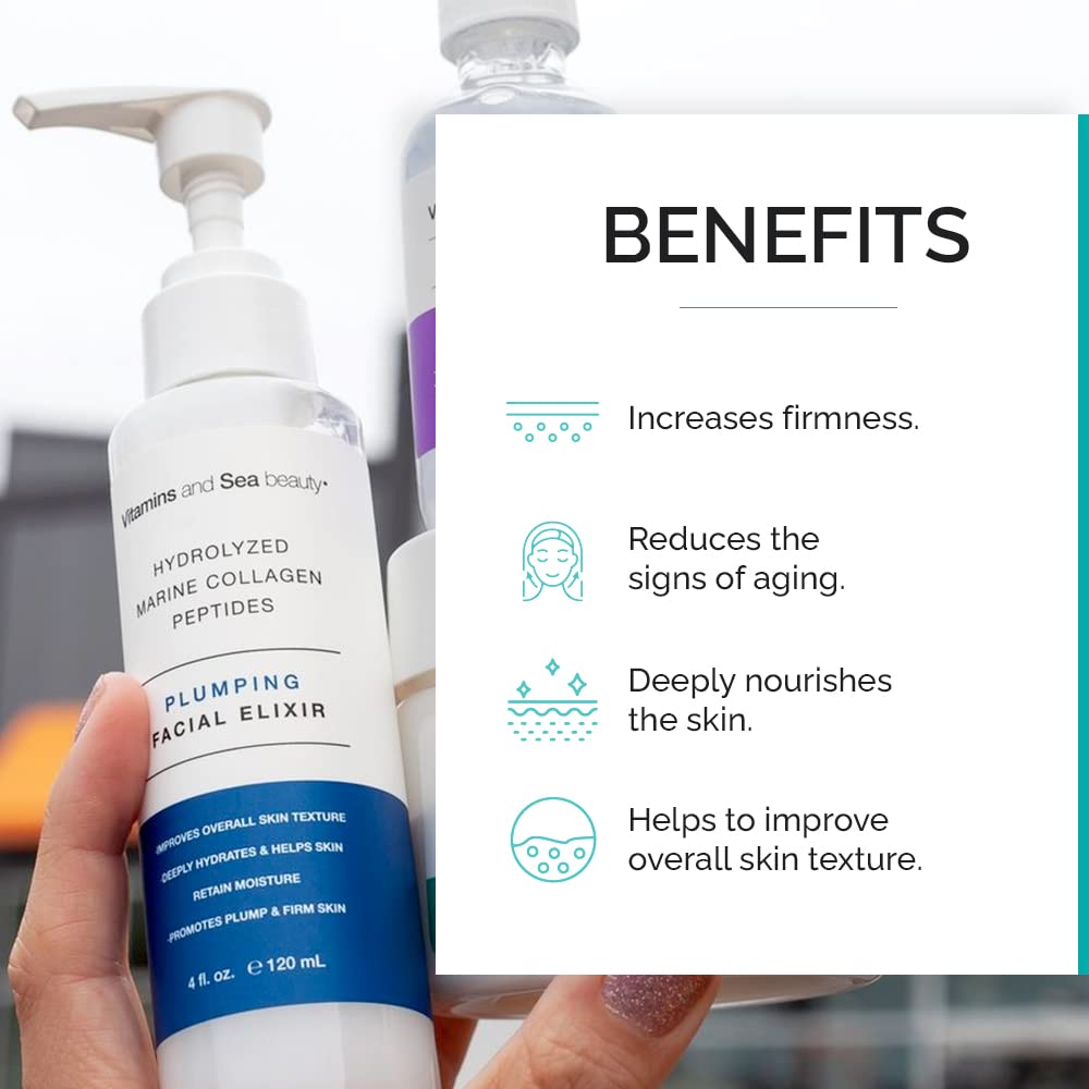 VITAMINS AND SEA BEAUTY Plumping Facial Elixir with Hydrolyzed Marine Collagen + Peptides, 4 fl oz