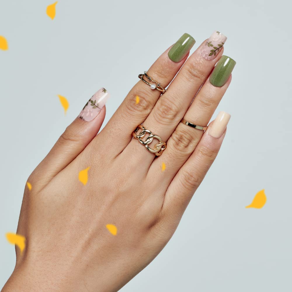 Press on Nails Medium Short Square GLAMERMAID, Amber Green Ferns Fake Nails with Design Cute Acrylic False Nail Kits Stick Glue on Nails Sets