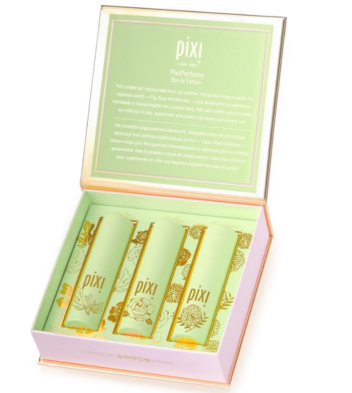 Pixi Beauty PixiPerfume Eau de Parfum Gift Trio, Layerable Rose, Fig and Mimosa Fragrance Set for Women, Travel Size Perfume, 3 x 0.5 fl oz
