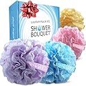 Loofah-Bath-Sponge Lace-Mesh-Set // 2-Scrubs-in-1 by Shower Bouquet/Large Full 60g Pouf (4 Pack Spa Colors) Body Luffa Loofa Loufa Puff - Exfoliate