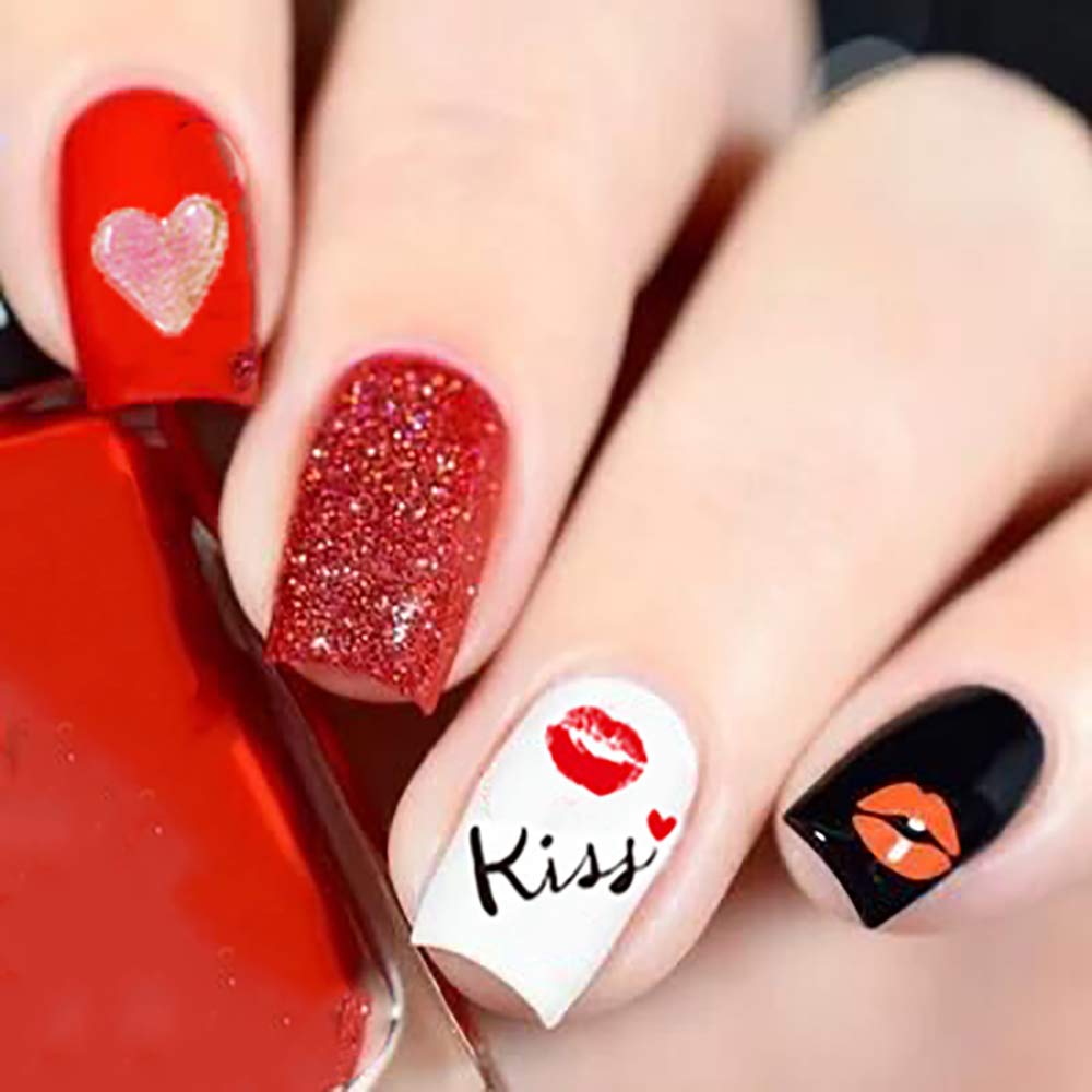 Valentine's Day Nail Decals - 12 Sheets Heart Rose Love Sexy Lips Lipstick Valentines Nail Art Tattoo Stickers DIY Nail Decoration for Women Girls