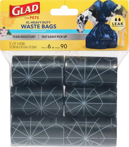 Glad for Pets Extra Large Tropical Breeze Scented Dog Waste Bags Refill Rolls, 90 Count - 15 Bags Per Roll, Durable Poop Bag Refills for Dogs