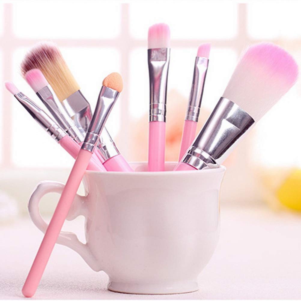 Pimoys Children Makeup Brushes, 7Pcs Makeup Brush Set Foundation Eyebrow Eyeliner Brush Cosmetic Concealer Brushes for Kids Girls, Women trave - Pink