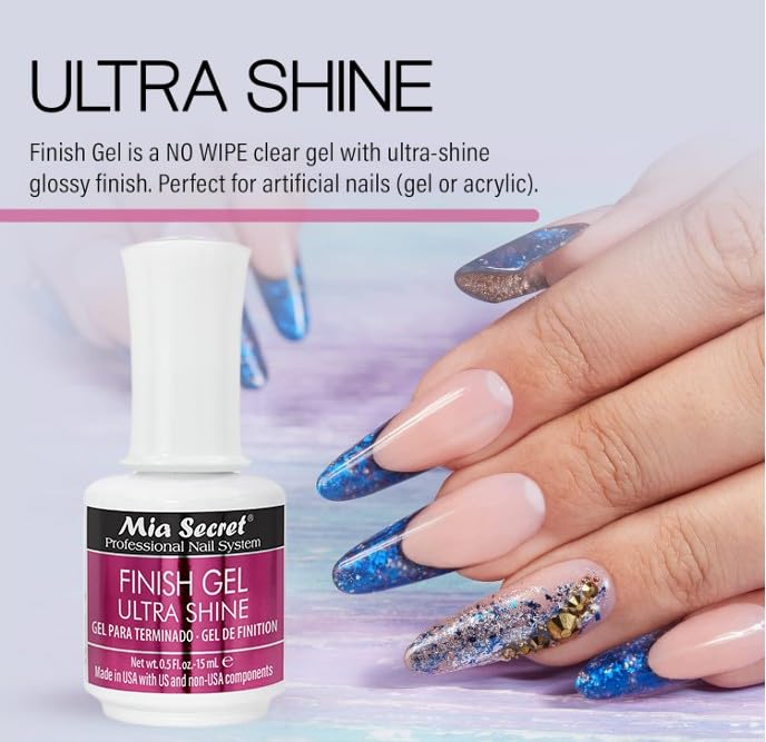 Mia Secret Finish gel top coat for gel or acrylic nails (3-PIECE PACK) - No wipe clear nail polish - High gloss top coat for artificial nails (3-Piece Beauty & Personal Care Mia Secret