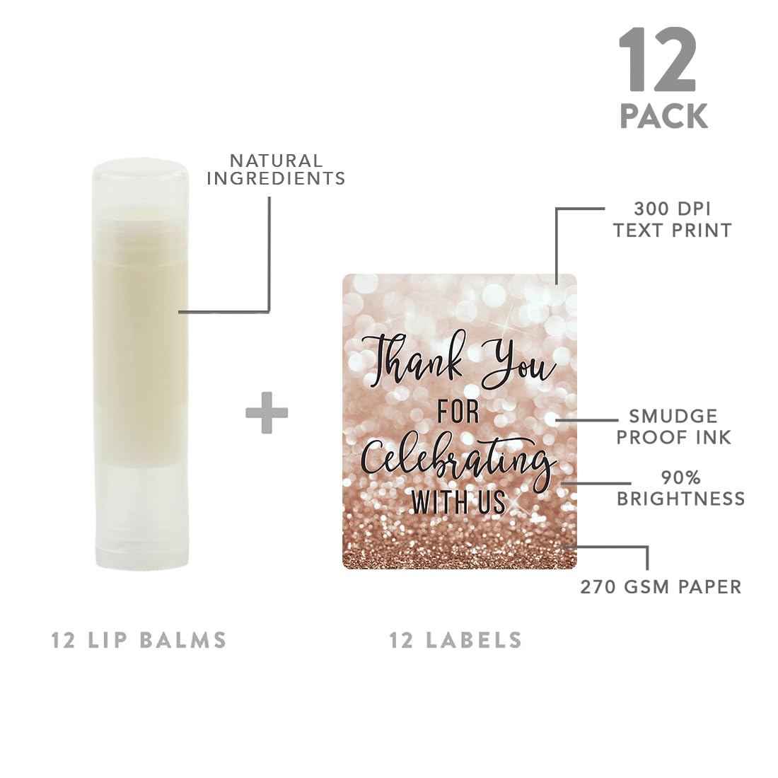 Andaz Press Bridal Shower Bachelorette Party Lip Balm Party Favors, Faux Rose Gold Glitter Shimmer, Thank You for Celebrating With Us, Bridesmaid Lip