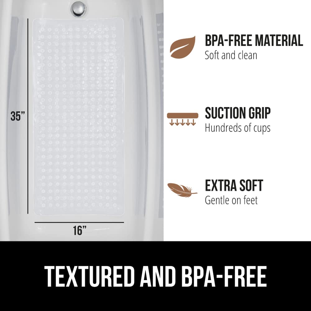 GORILLA GRIP Bath Tub Shower Mat – 35x16" Clear Mat with Suction Cups & Drain Holes, Soft on Feet, Machine Washable, Bathroom Essential