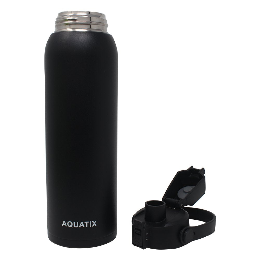 New Aquatix (Black, 32 Ounce) Pure Stainless Steel Double Wall Vacuum Insulated Sports Water Bottle Convenient Flip Top Cap with Removable Strap