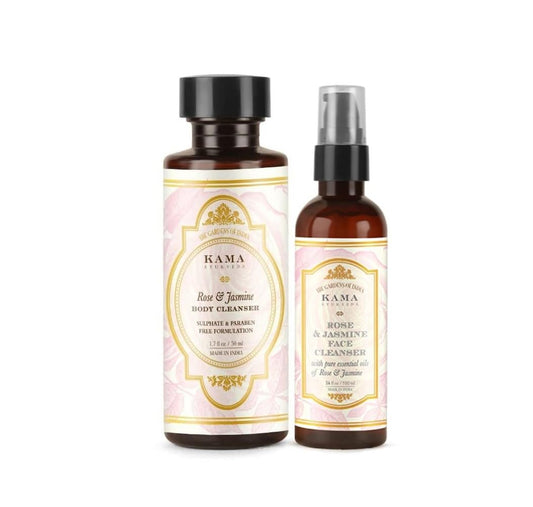 Kama-Ayurveda's Rose and Jasmine Mini Travel Pack, Body Cleanser 50ml, Face Cleanser 30ml, Travel Size Combo Beauty and Personal Care FOUNTINA