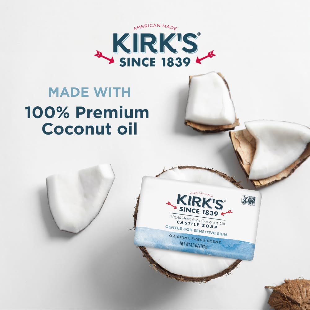Kirk's Castile Bar Soap for Men, Women & Children - Made With Premium Coconut Oil, Sensitive Skin Formula, Vegan, Non GMO, Original Fresh Scent, 4 oz.