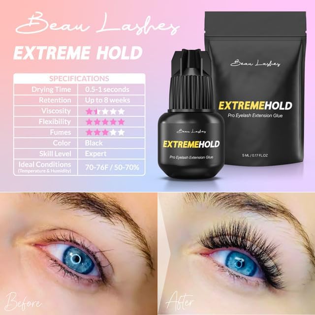 Extreme Hold Eyelash Extension Glue for Professionals | Strongest Black Lash Adhesive for Long Lasting Semi Permanent Individual Lash Extensions |