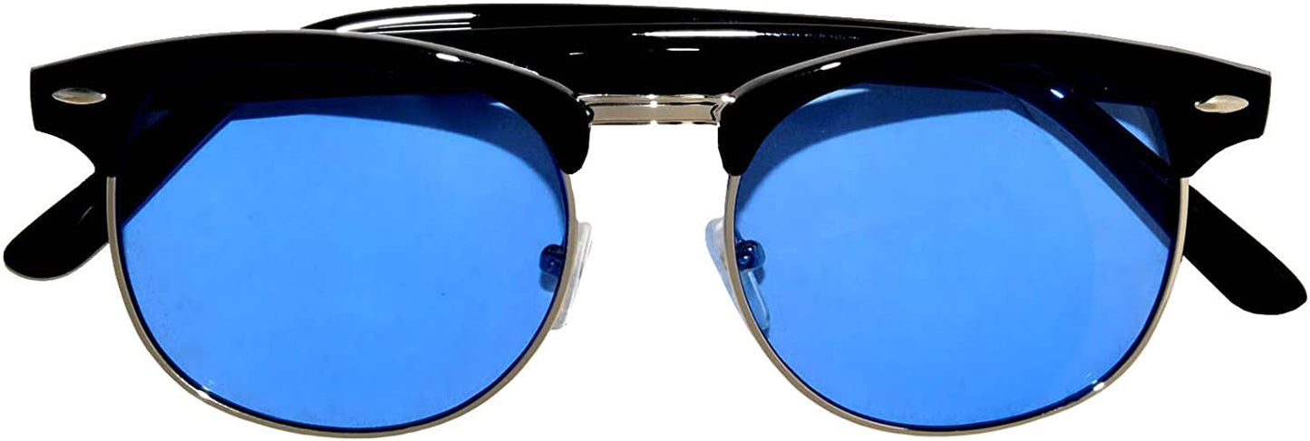Vintage Retro Silver Metal Half Frame Blue Lens Sunglasses