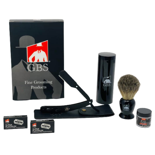 G.B.S Men's Shaving kit Straight Edge Razor Folding Barber Shavette, Razor Case Badger Brush Travel Cannister + 10 pack Blades Beauty and Personal Care G.B.S