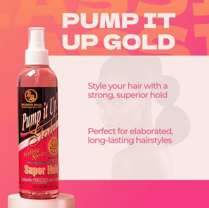 Bronner Bros Pump It Up Styling Spritz Gold 80% - Fast-Dry Hair Spray Extra Hold with Vitamin B5 & Silk Protein - Maximum Hold Finishing Spritz