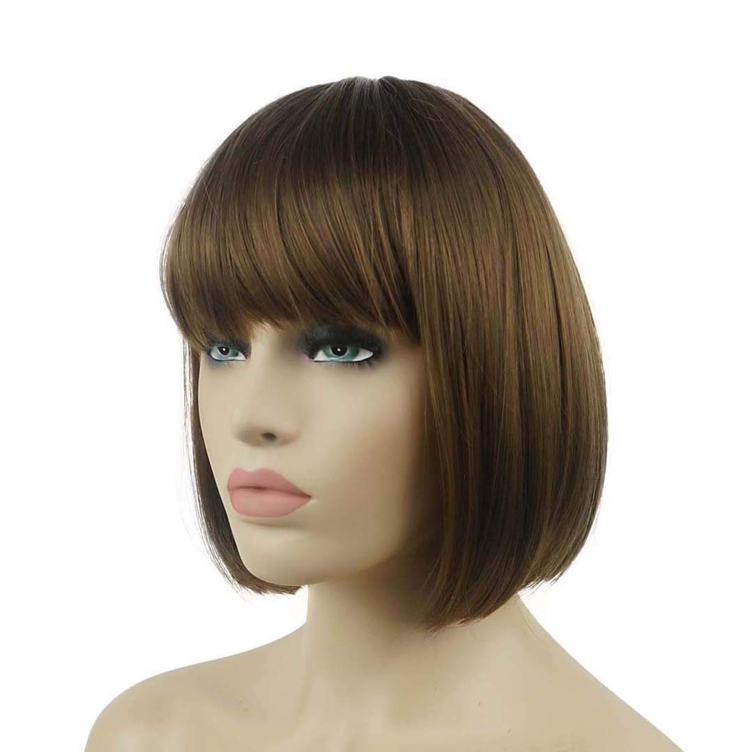 Lydell 8" Straight Short Bob Hair Flat Bangs Cute Central Dot Skin Top Heat Resistant Synthetic Wigs (Light Reddish Golden Brown)